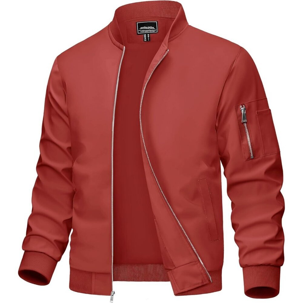 Men's #01 Orange Red Bomber Jacket Coats Casual Zip Pocket Outwear 5 Pockets